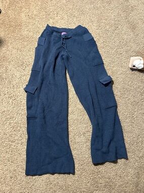 Edikted Wide-Leg Knit Cargo Pants in Navy Blue
